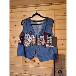Bobbie Brooks Denim Blue Patchwork Vest with Plaid Accents